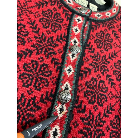 Vtg LL Bean Cardigan Sweater Red Black 100% Merino Lambs Wool Women XL Christmas - Picture 6 of 15